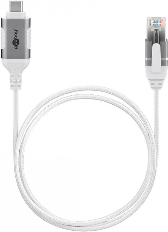 Imagine Cablu de retea USB type C la RJ45 Gigabit Cat.6 Slim 2m brodat Alb, Goobay G74387